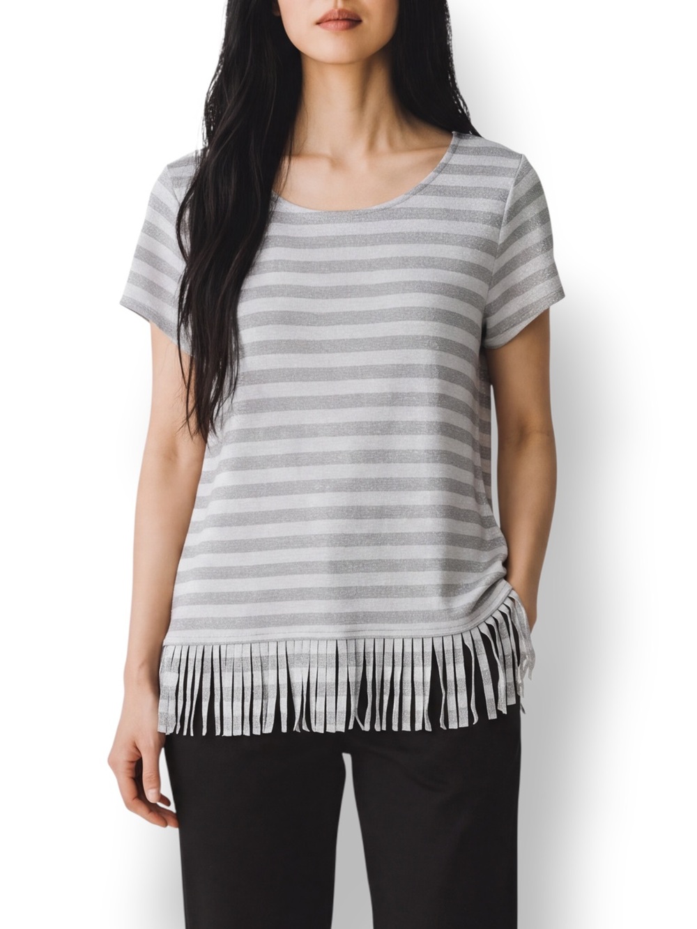 4/$20 Chico’s Silver Metallic Stripe Fringe Hem Top Size 1 Medium
